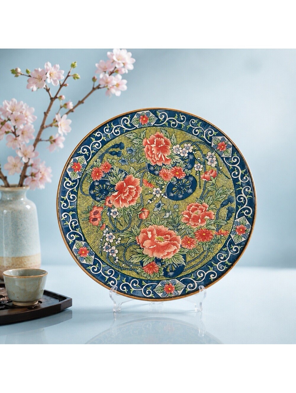 Toyo Japan 1970s Decorative Plate Peony Genji Wheel, 12”
